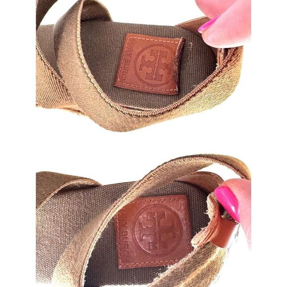 Tory Burch Designer Espadrille Wedges Sz 11 Olive Canvas Cognac Leather EUC - Picture 5 of 9
